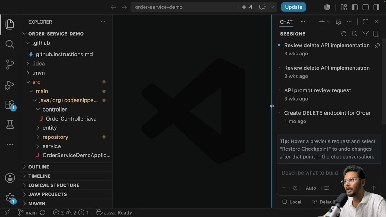 VS Code mở project order-service-demo với panel Chat của Copilot bên phải
