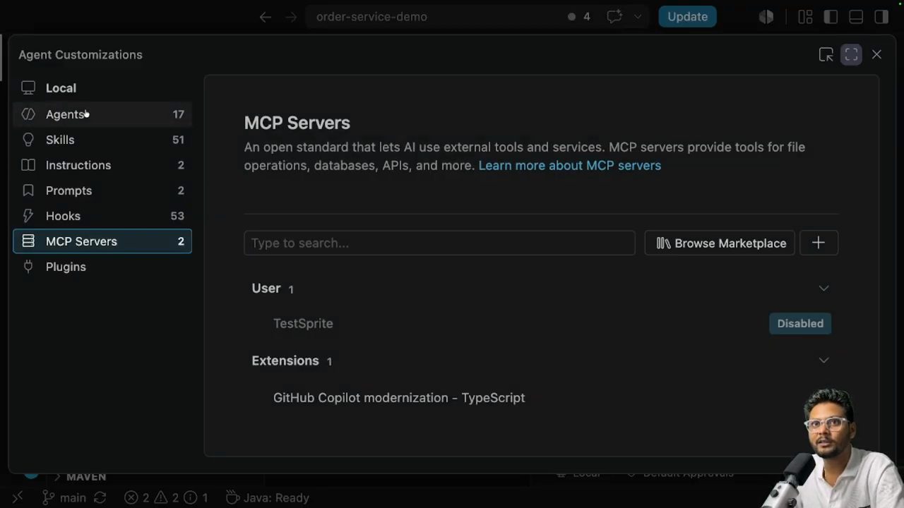 Trang Agent Customizations của VS Code với mục MCP Servers đang chọn