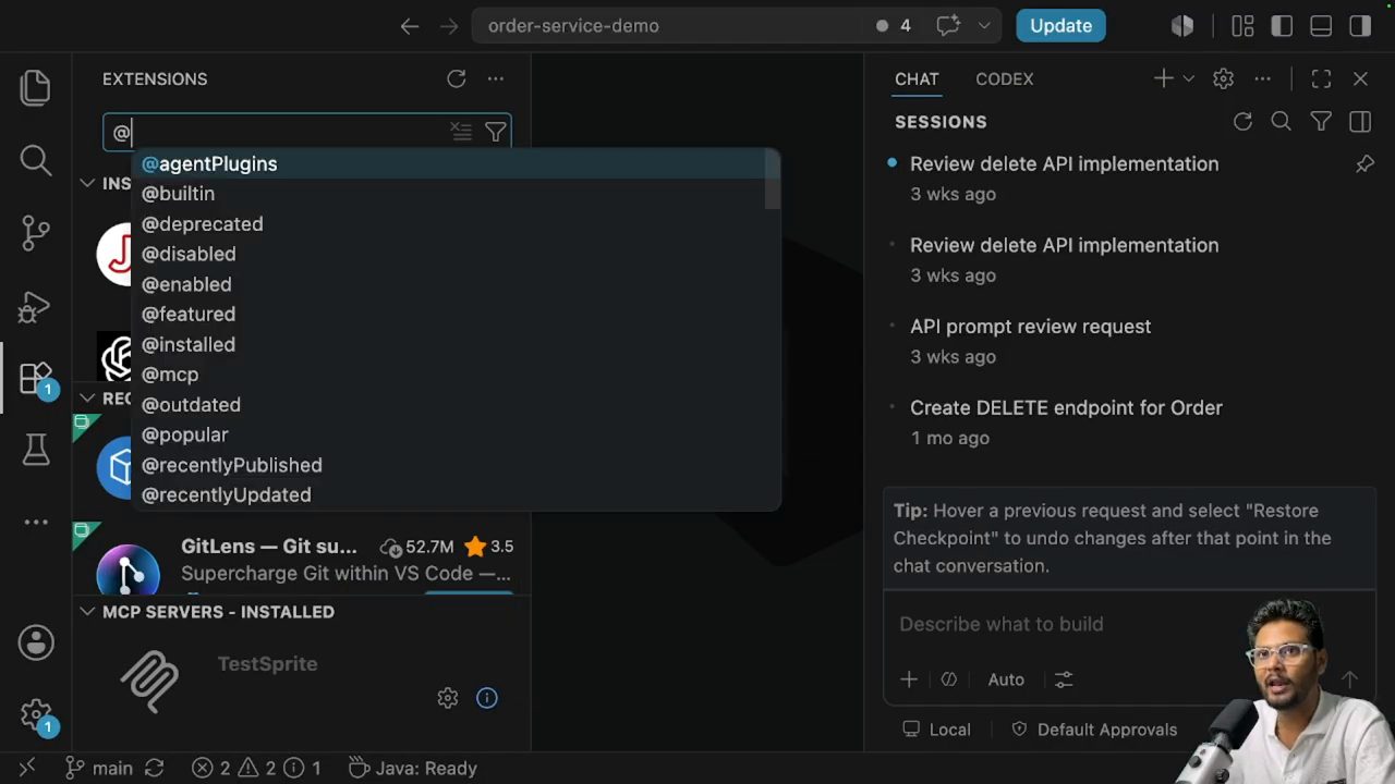 Ô tìm kiếm Extensions của VS Code hiện danh sách bộ lọc bắt đầu bằng @