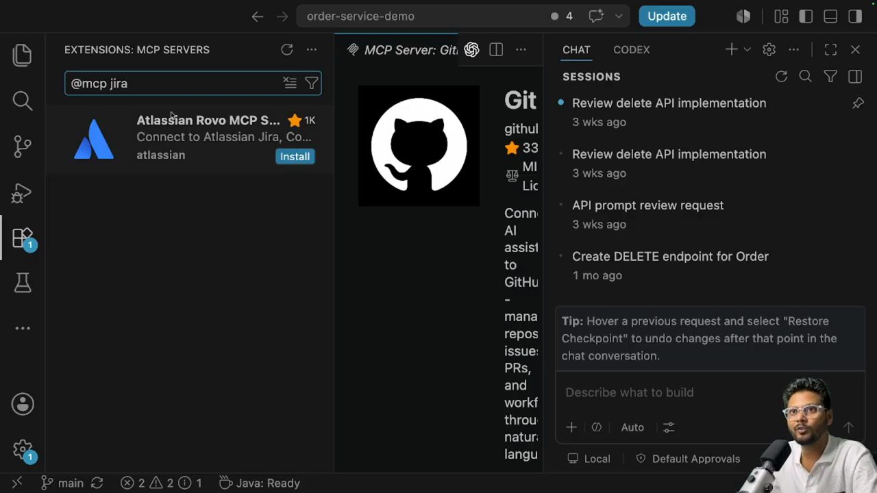 Kết quả tìm @mcp jira là Atlassian Rovo MCP Server