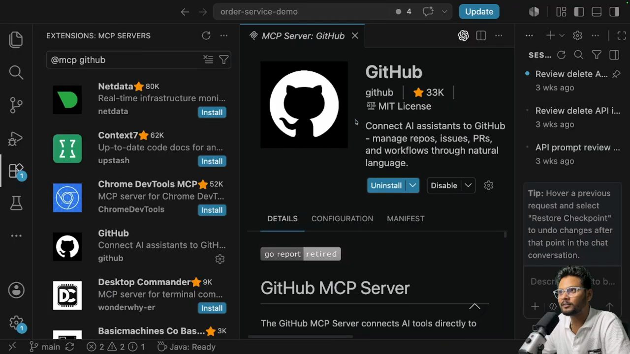 Trang chi tiết GitHub MCP Server trong VS Code sau khi cài