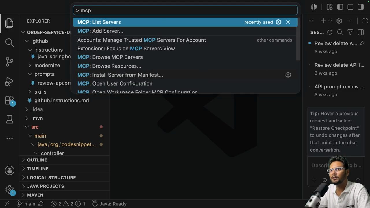 Command palette của VS Code với các lệnh MCP