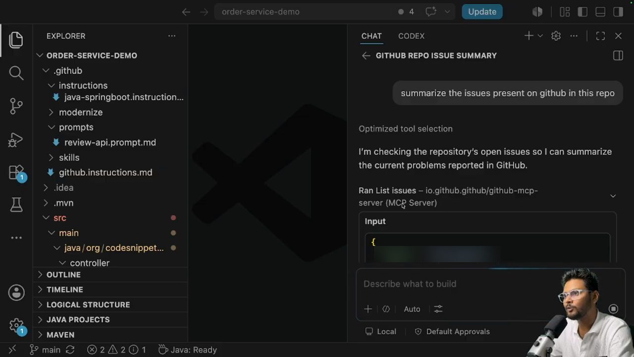 Panel chat của Copilot với prompt và dòng Ran List issues từ GitHub MCP server