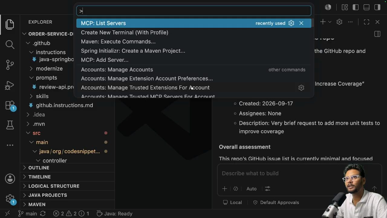 Command palette với MCP: List Servers ở đầu danh sách