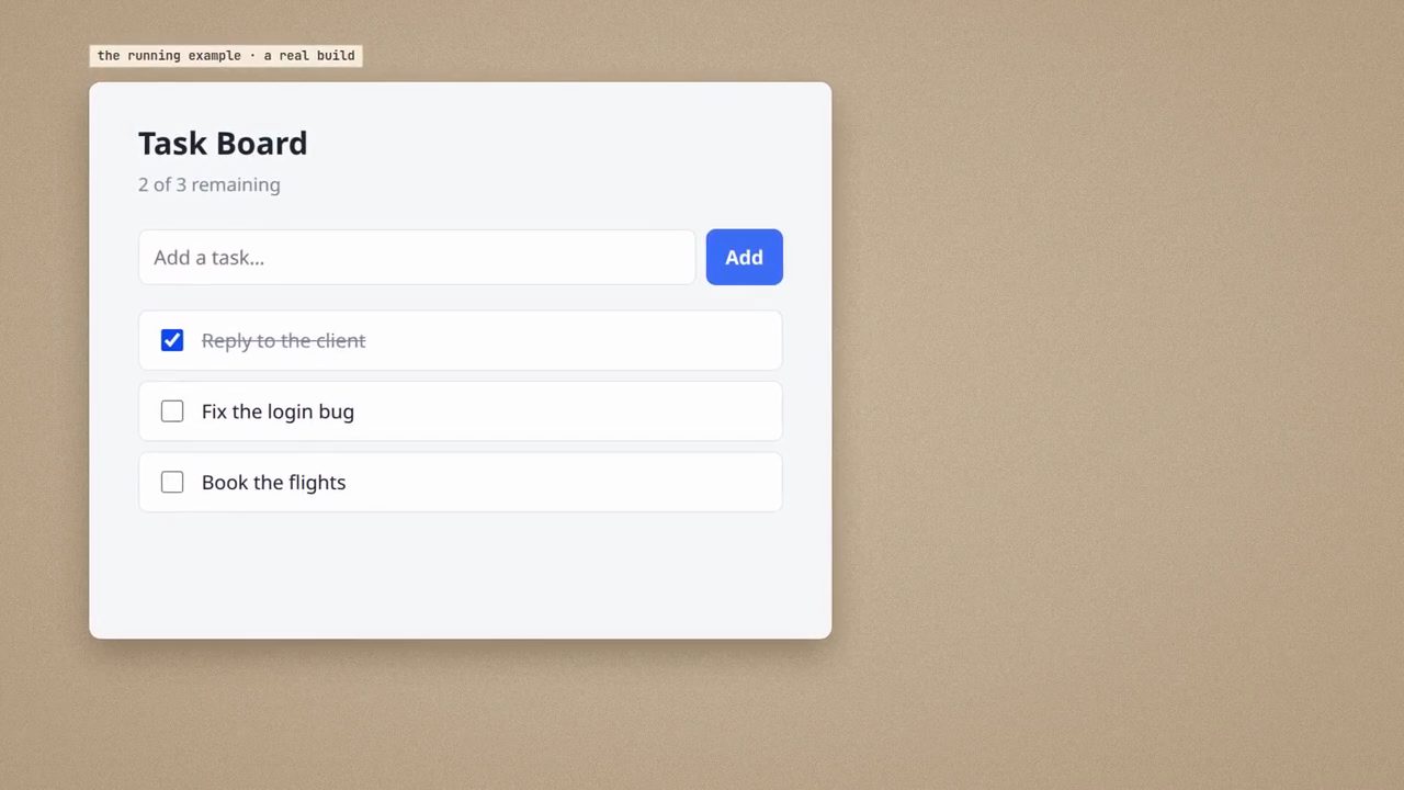 Task Board do Claude Code build: ô Add a task, nút Add và ba task, một task đã gạch