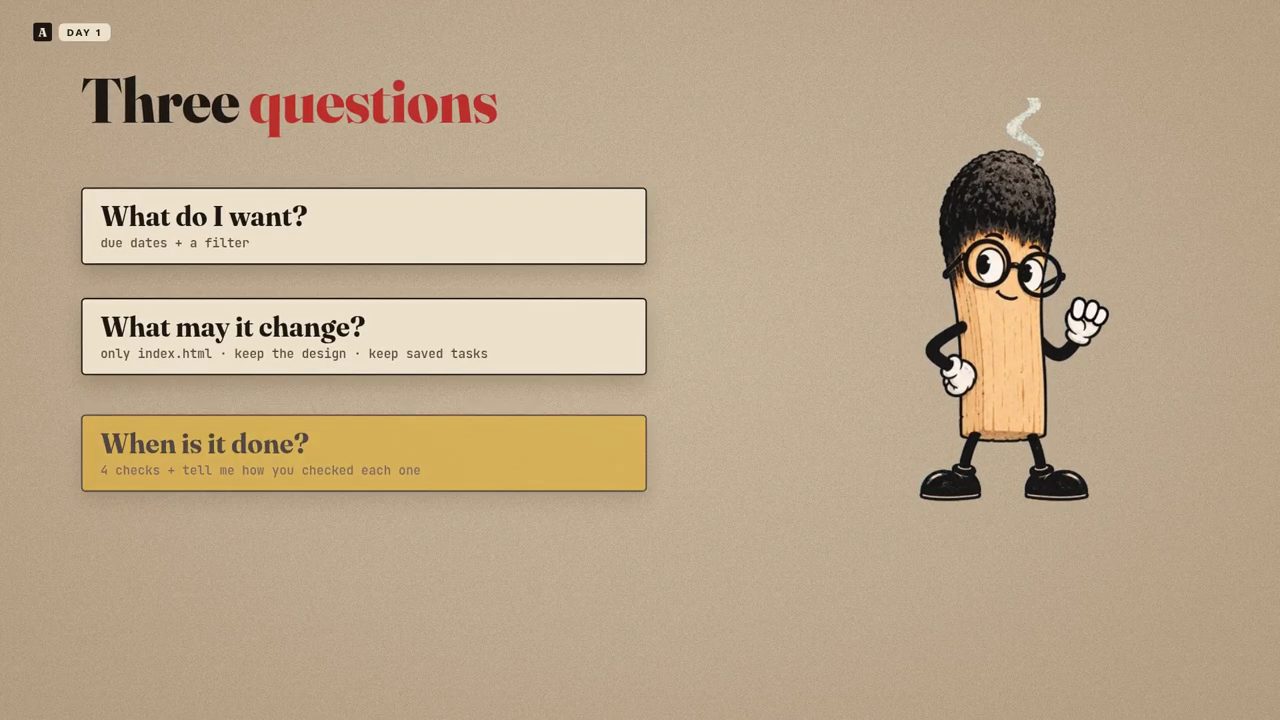 Thẻ Three questions: What do I want, What may it change, When is it done