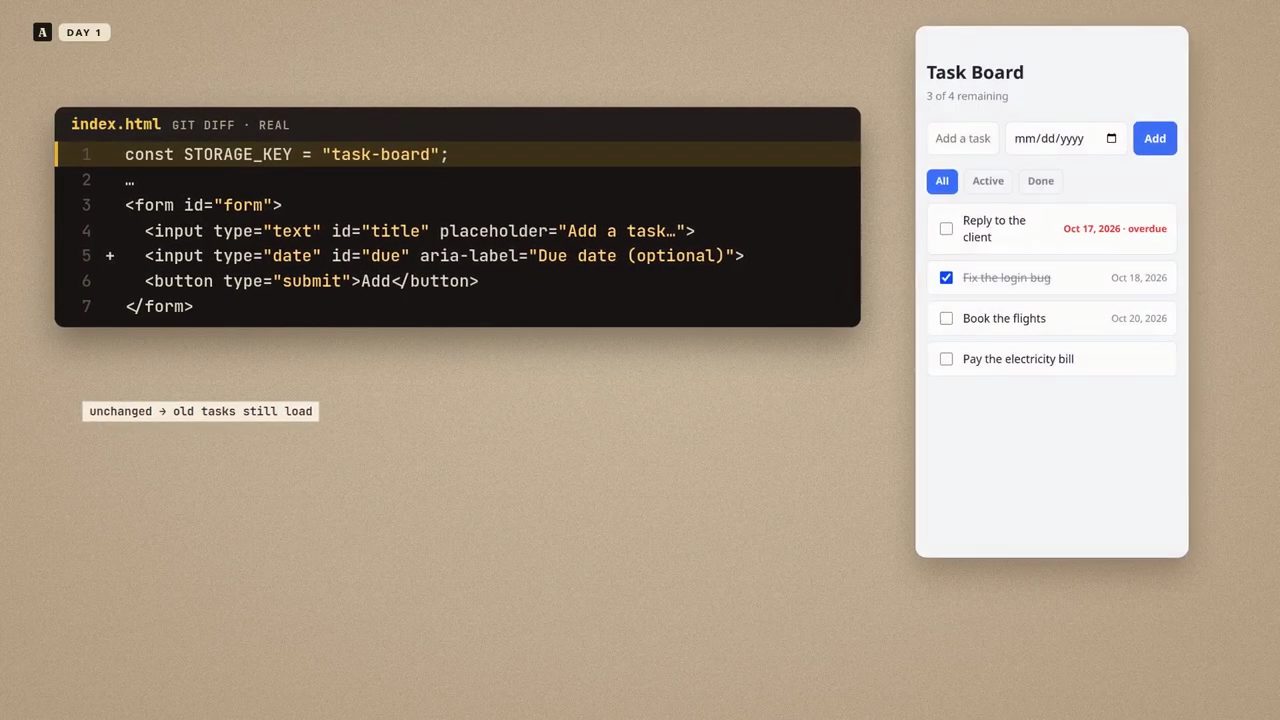 Đoạn git diff của index.html cạnh Task Board có ô ngày và ba bộ lọc