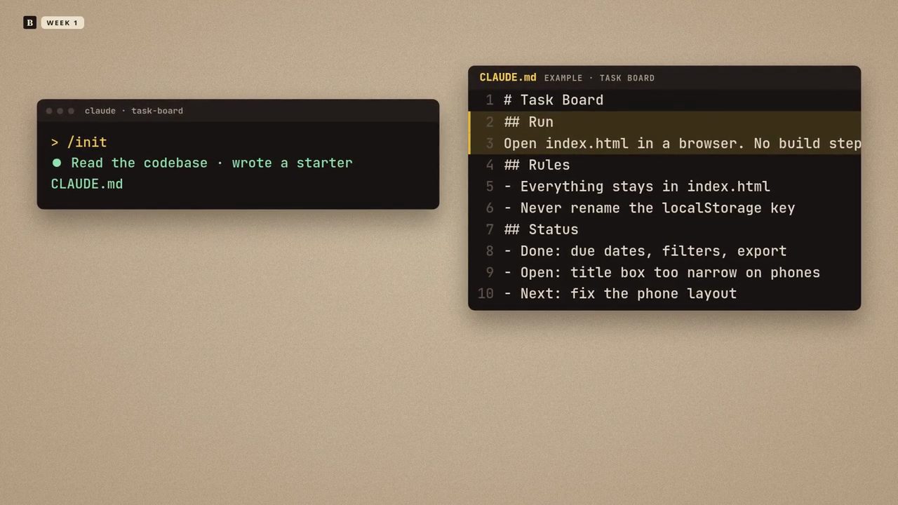 Terminal chạy /init và một file CLAUDE.md mẫu cho task board