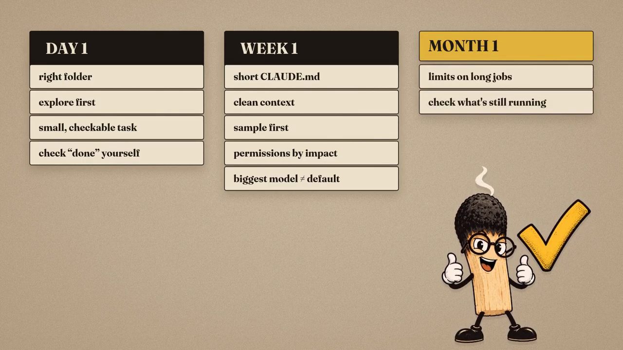 Bảng tổng kết ba cột Day 1, Week 1, Month 1 cạnh nhân vật que diêm giơ ngón cái