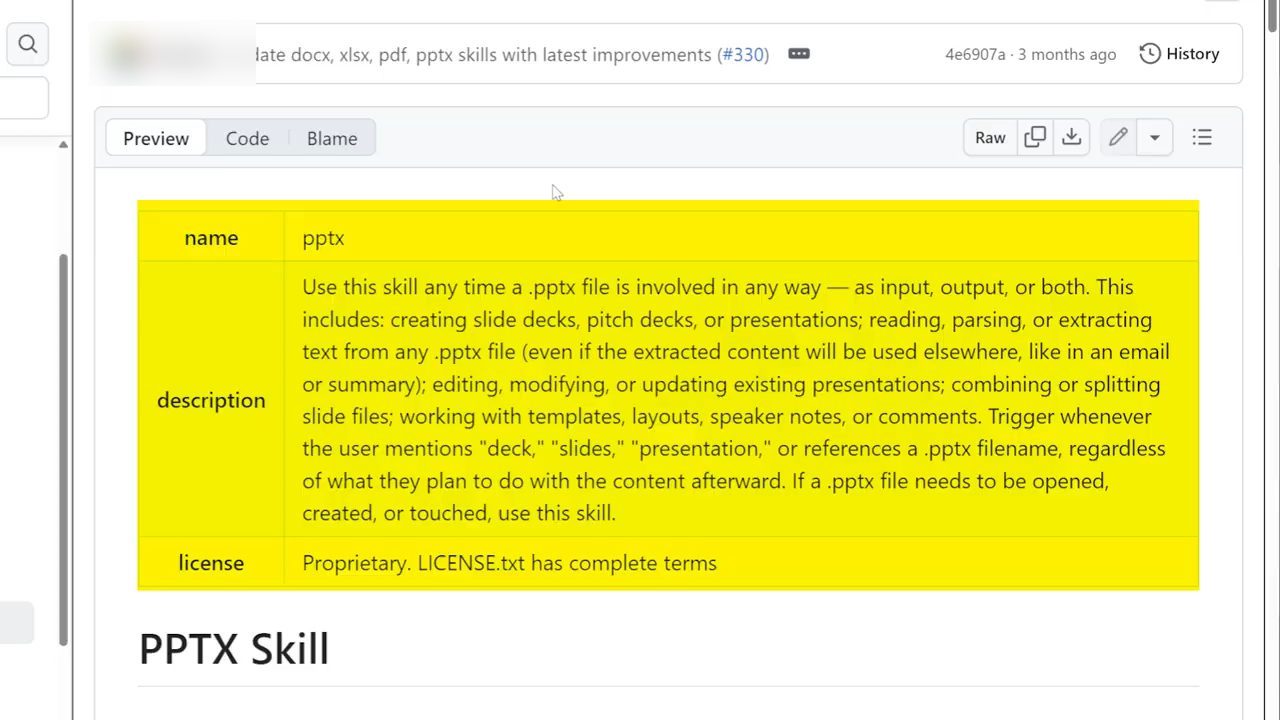 Front matter của skill pptx trên GitHub với name, description và license được tô vàng