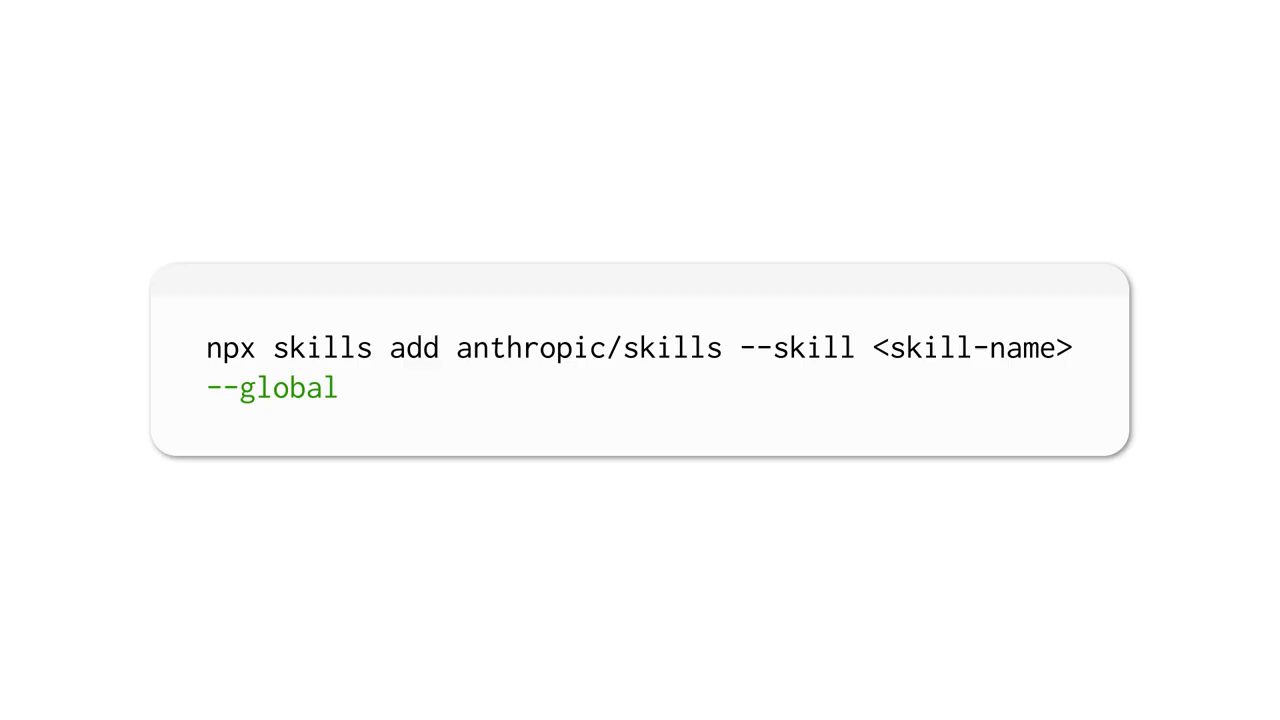Lệnh npx skills add anthropic/skills --skill skill-name --global