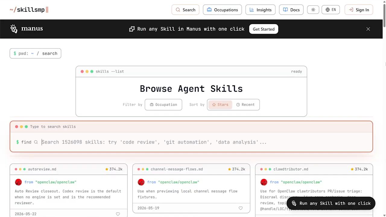 Trang skillsmp với tiêu đề Browse Agent Skills và ô tìm kiếm hơn 1,5 triệu skill