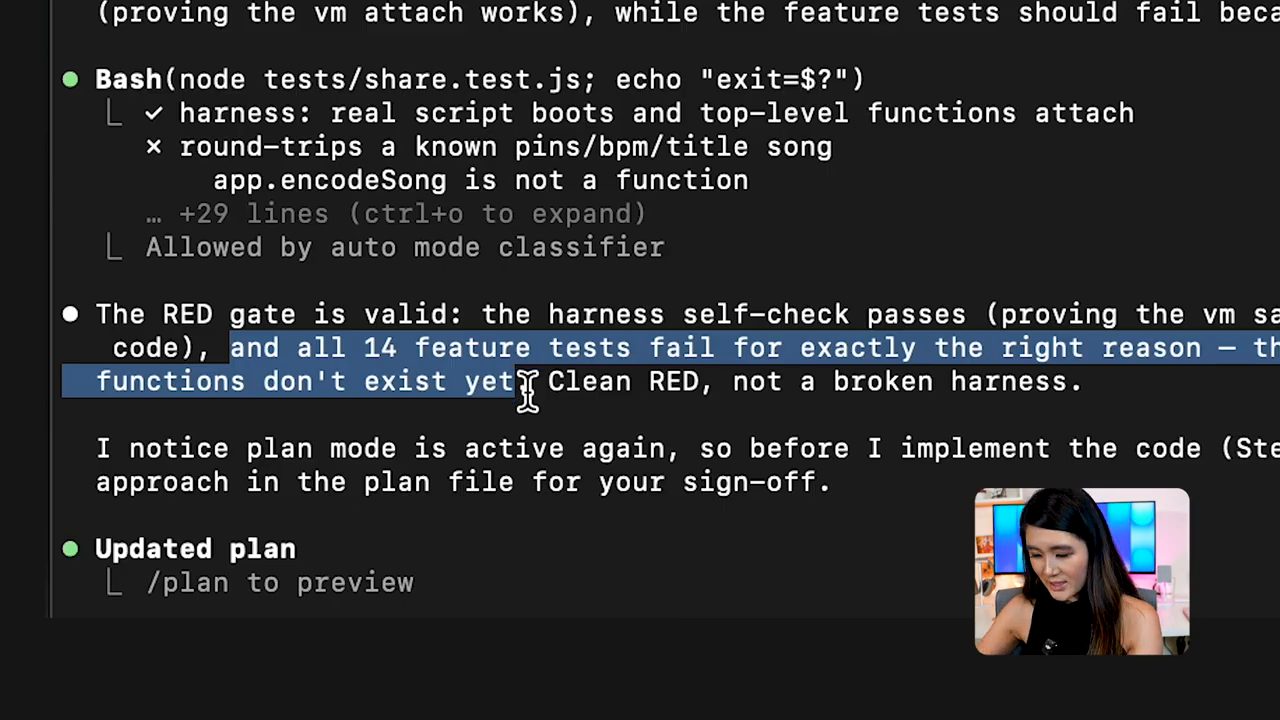 Kết quả chạy test: harness pass, test feature fail vì app.encodeSong chưa phải function