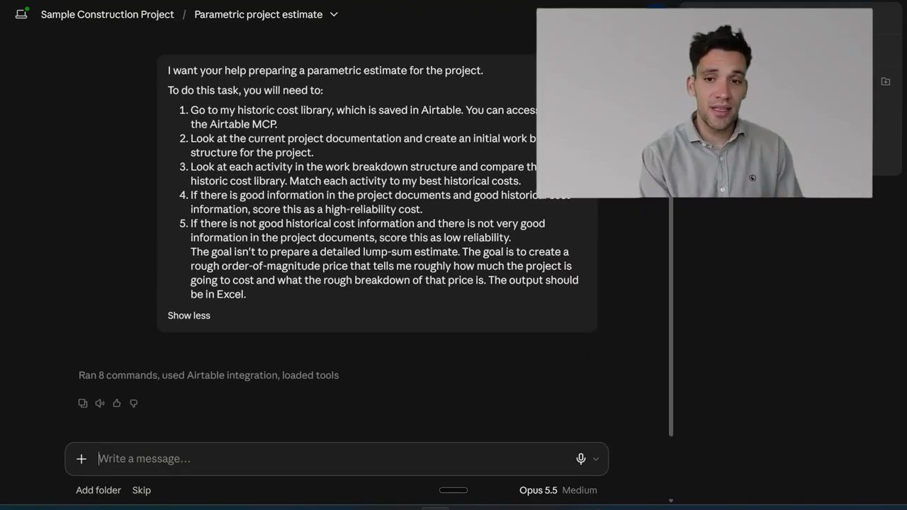 Chat Parametric project estimate trong Claude: prompt năm bước, bên dưới ghi Ran 8 commands, used Airtable integration, loaded tools; model Opus 5.5 Medium
