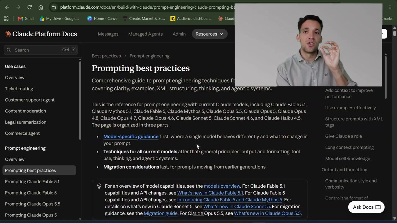 Trang Prompting best practices trên Claude Platform Docs liệt kê các model Claude hiện hành