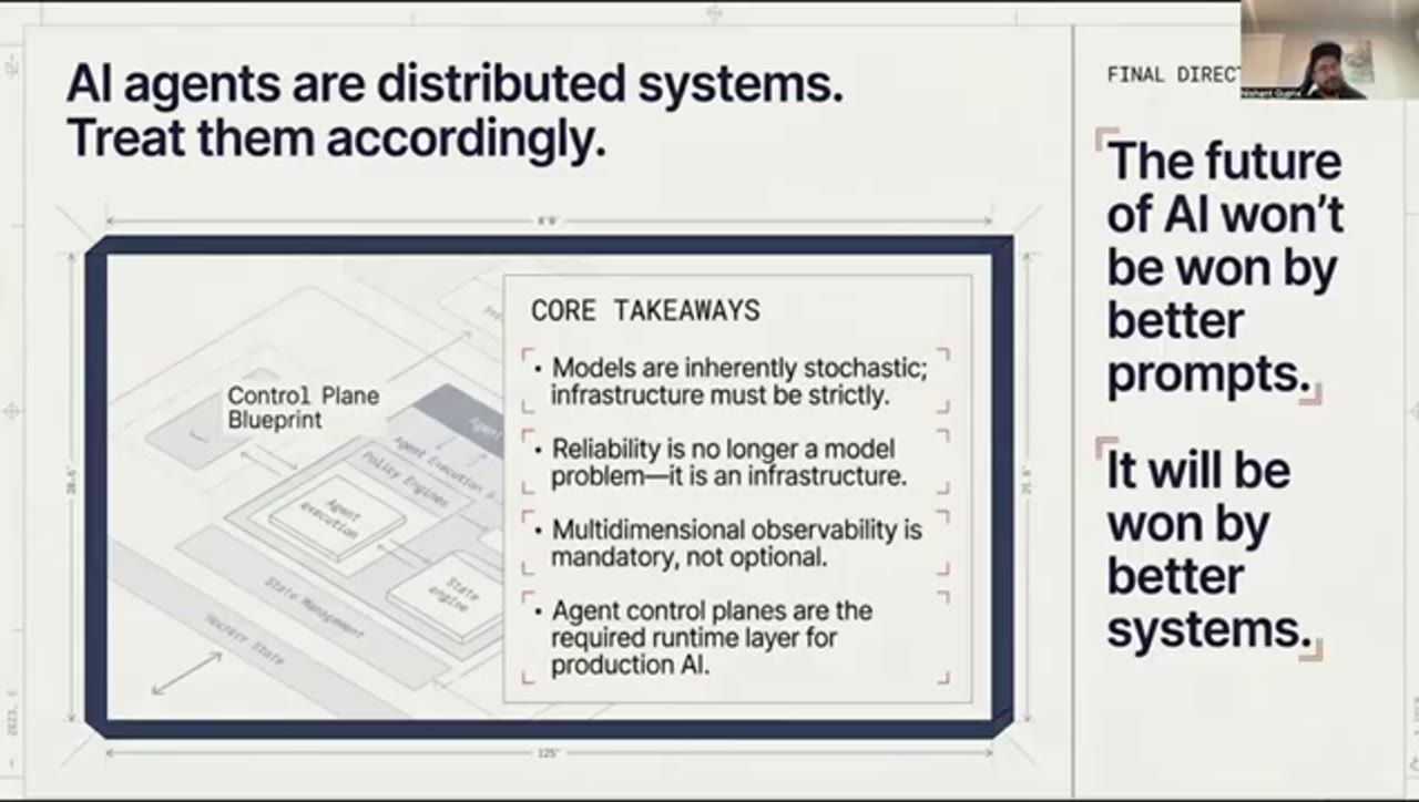 Slide kết AI agents are distributed systems, treat them accordingly, với Core Takeaways