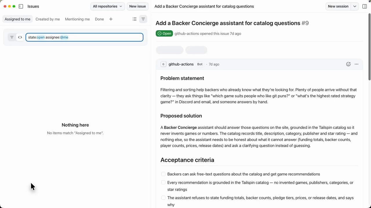 Issue số 9 Add a Backer Concierge assistant for catalog questions với Problem statement, Proposed solution và Acceptance criteria