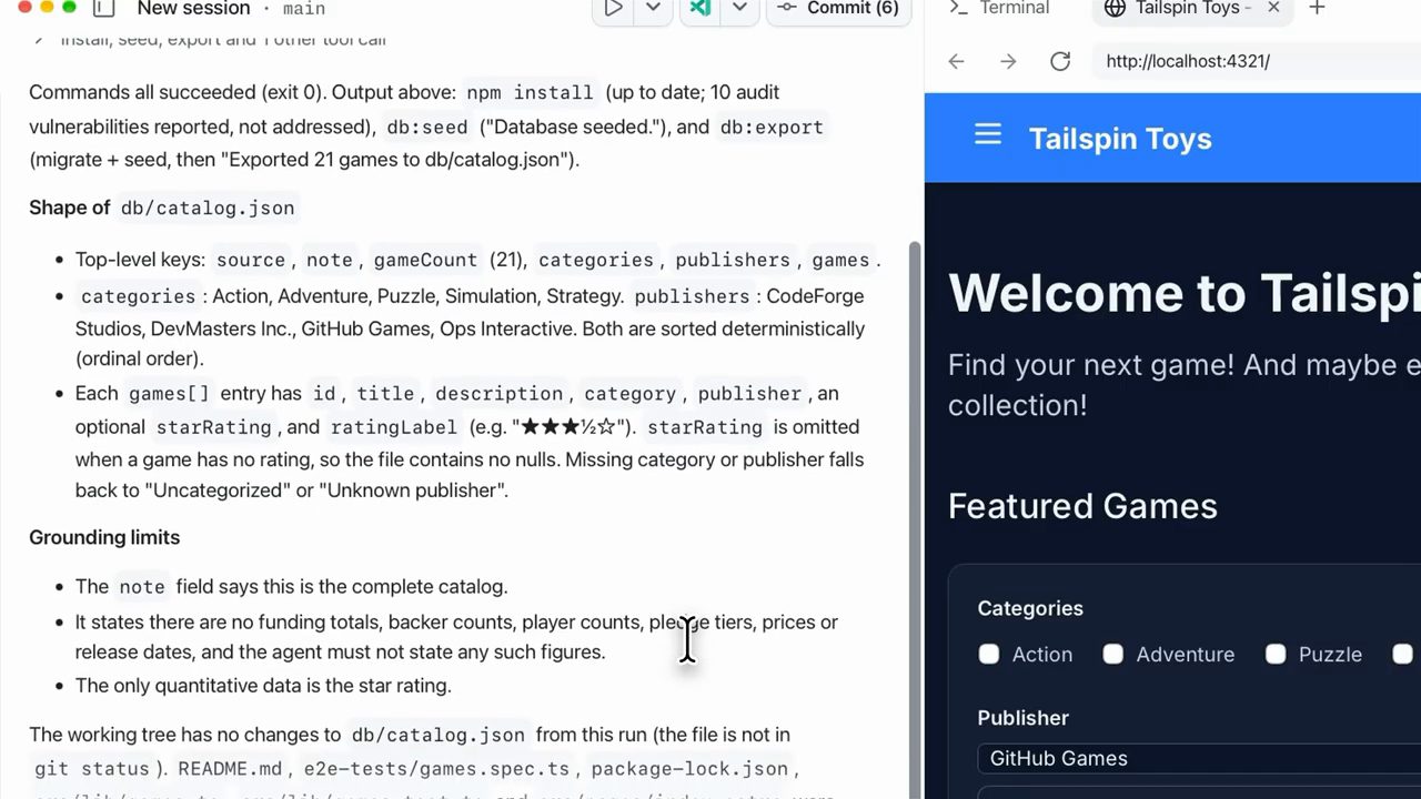 Copilot báo các lệnh npm install, db:seed, db:export đều thành công và mô tả cấu trúc db/catalog.json cùng Grounding limits