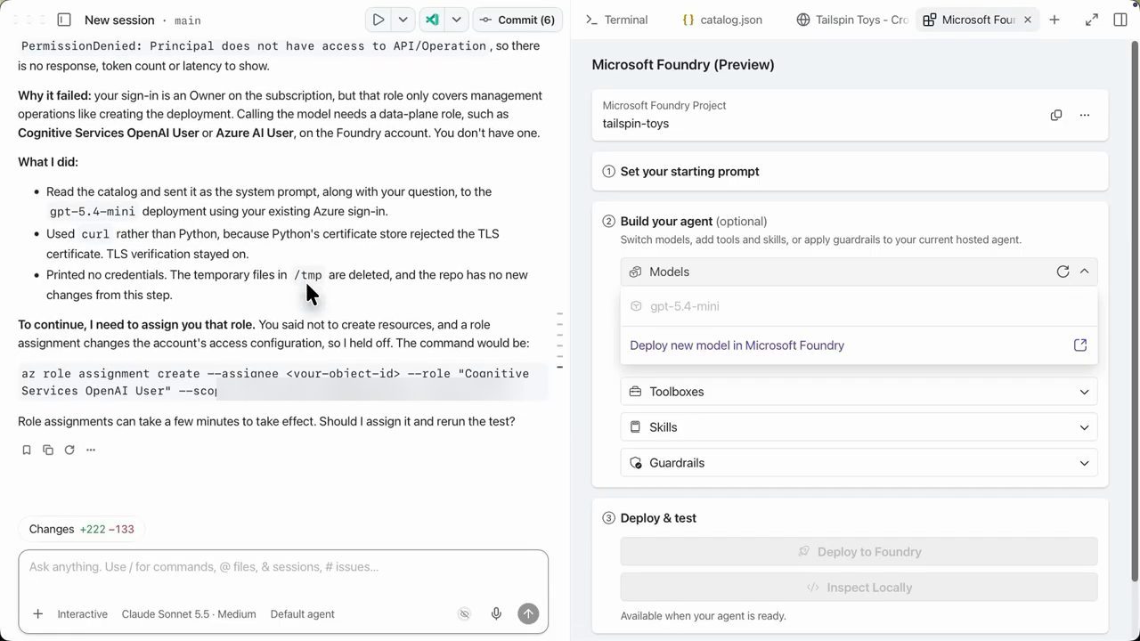 Copilot giải thích lỗi PermissionDenied, lý do thiếu data-plane role và lệnh az role assignment create đề xuất, bên phải là Foundry Canvas