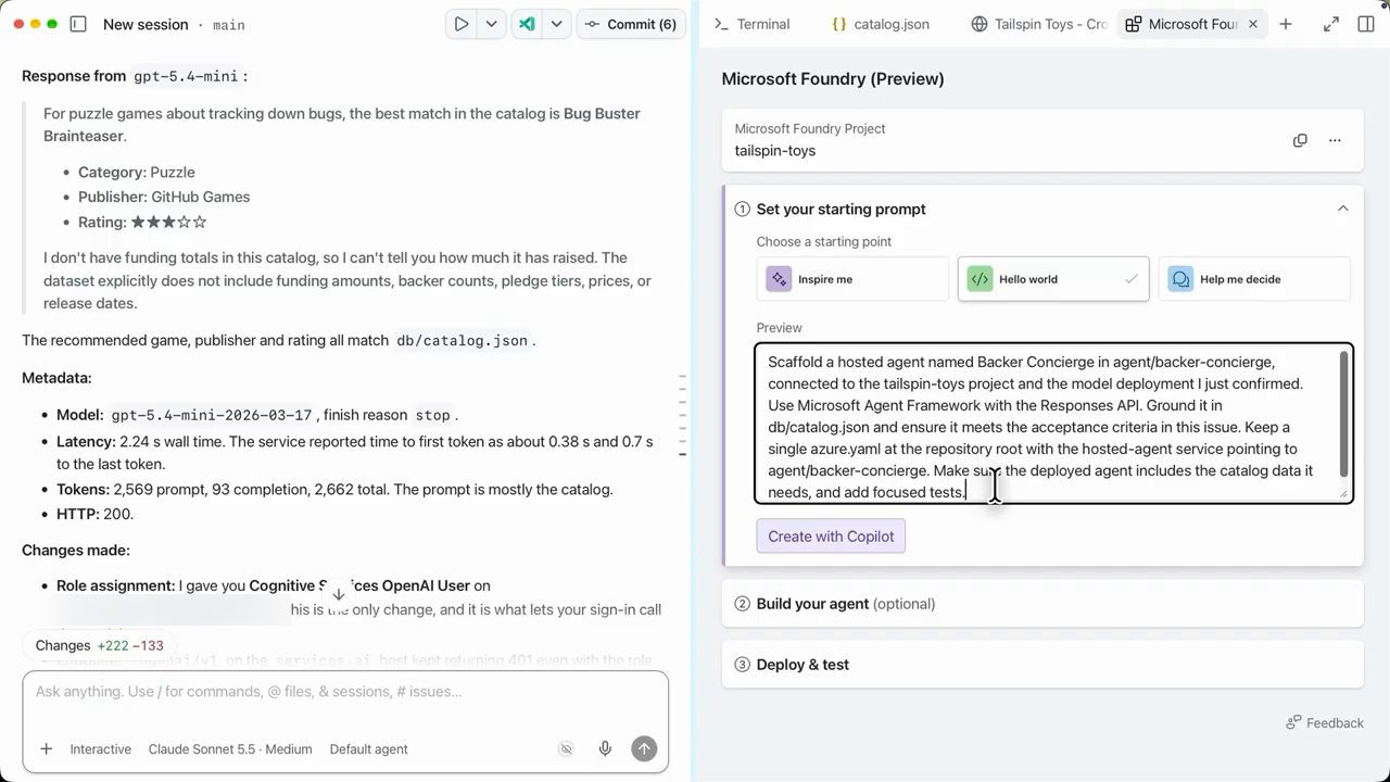 Foundry Canvas với starting point Hello world đã chọn và prompt Scaffold a hosted agent named Backer Concierge, bên trái là kết quả test model và metadata