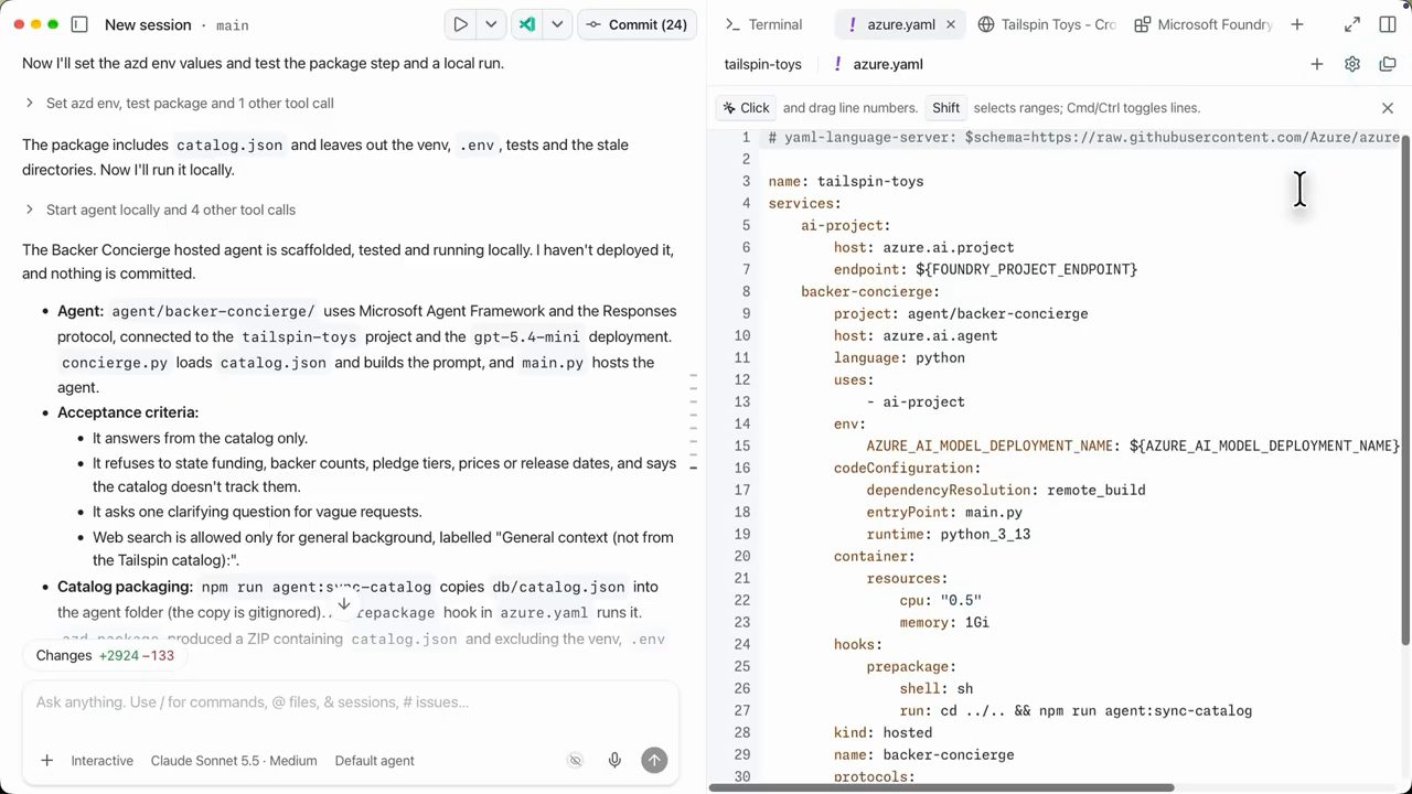 File azure.yaml với service ai-project host azure.ai.project và service backer-concierge host azure.ai.agent, bên trái là báo cáo agent đã scaffold
