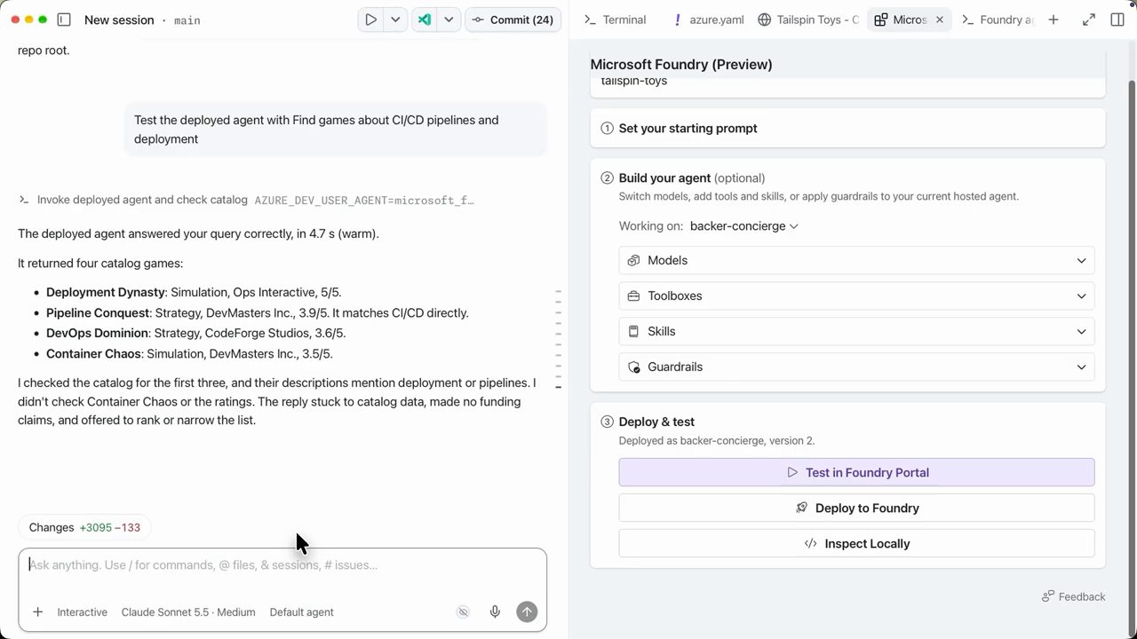 Copilot test agent đã deploy với câu Find games about CI/CD pipelines and deployment, trả về bốn game, Canvas ghi Deployed as backer-concierge, version 2