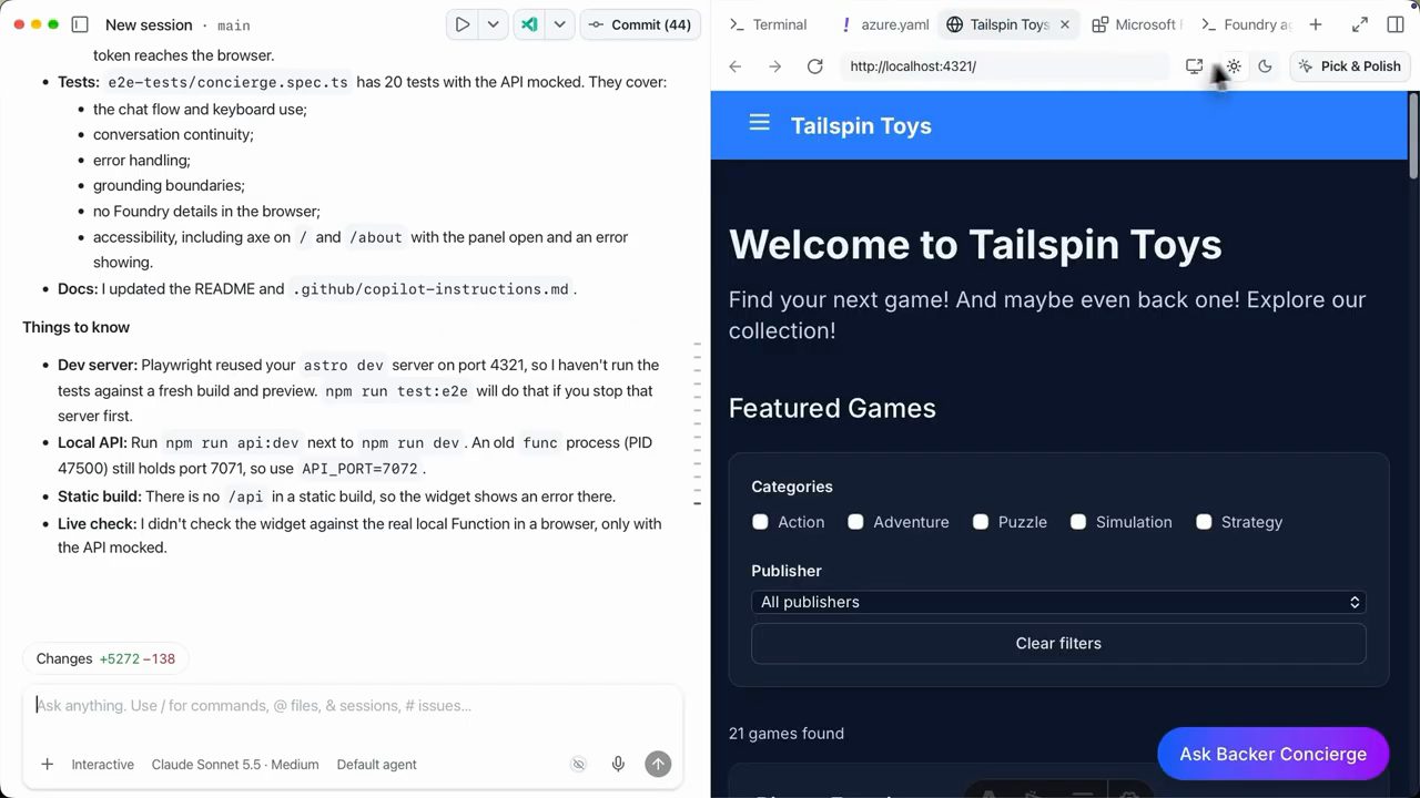 Trang Tailspin Toys với 21 games found và nút Ask Backer Concierge ở góc dưới bên phải