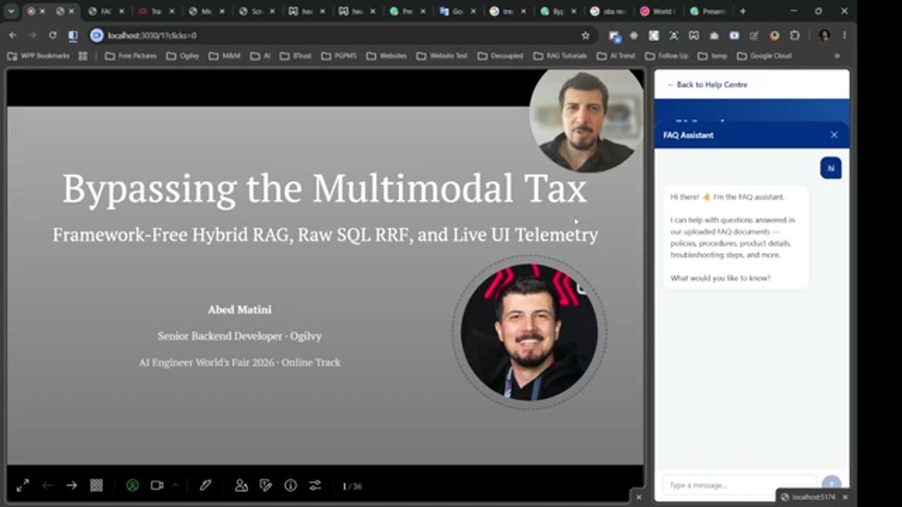 Slide tiêu đề Bypassing the Multimodal Tax, bên phải là chatbot FAQ Assistant đang chạy