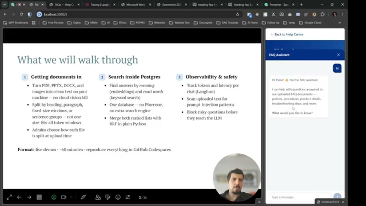 Slide What we will walk through với ba cột: Getting documents in, Search inside Postgres, Observability and safety