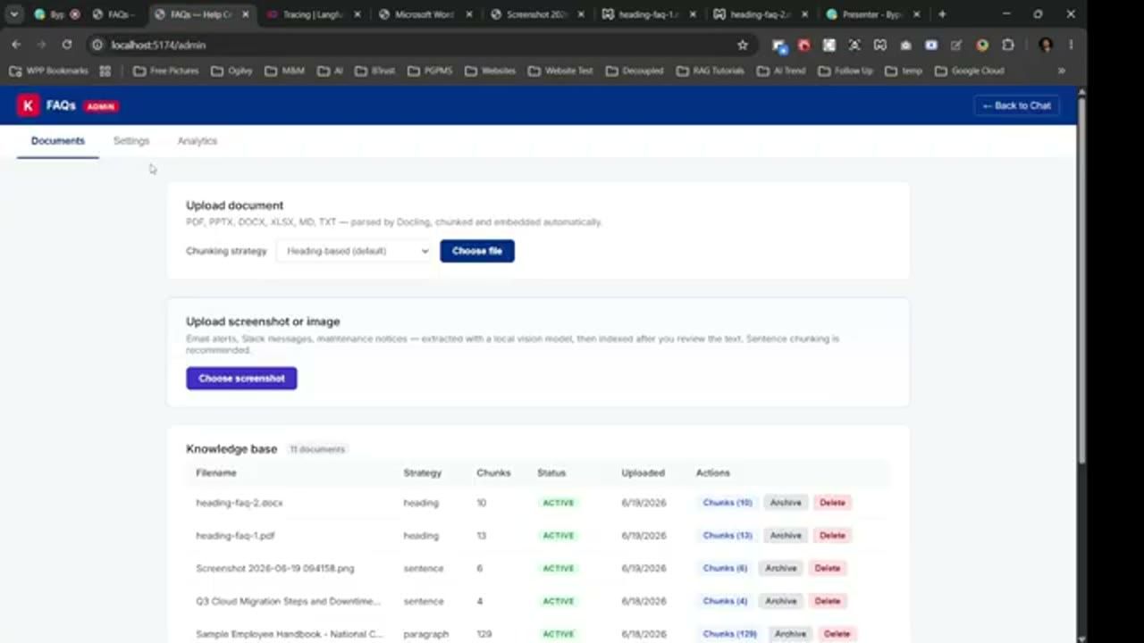 Trang admin FAQs với khung Upload document, Upload screenshot or image và bảng Knowledge base