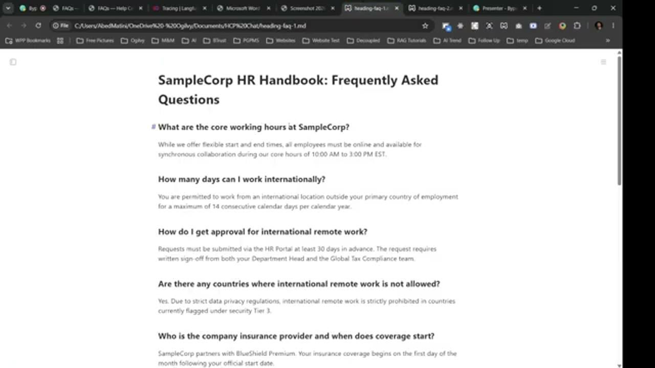 File Markdown SampleCorp HR Handbook: Frequently Asked Questions với các câu hỏi làm heading