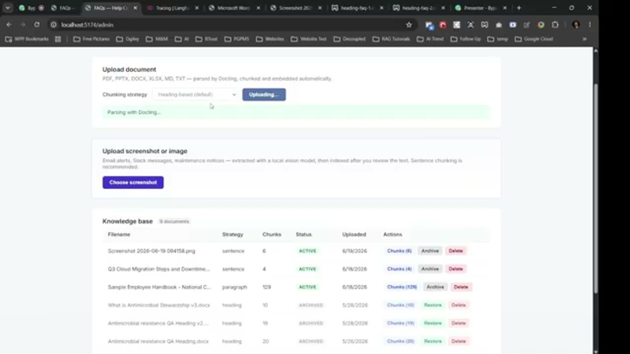 Trang admin đang upload với chunking strategy heading-based, dòng Parsing with Docling