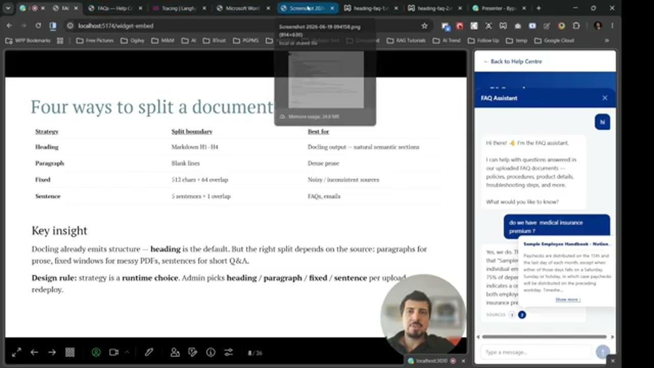 Khung chat FAQ Assistant trả lời câu hỏi về bảo hiểm y tế, tooltip nguồn số 2 lấy từ cuốn handbook
