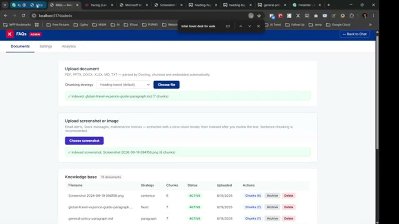 Trang admin xác nhận đã index screenshot với 6 chunk theo strategy sentence