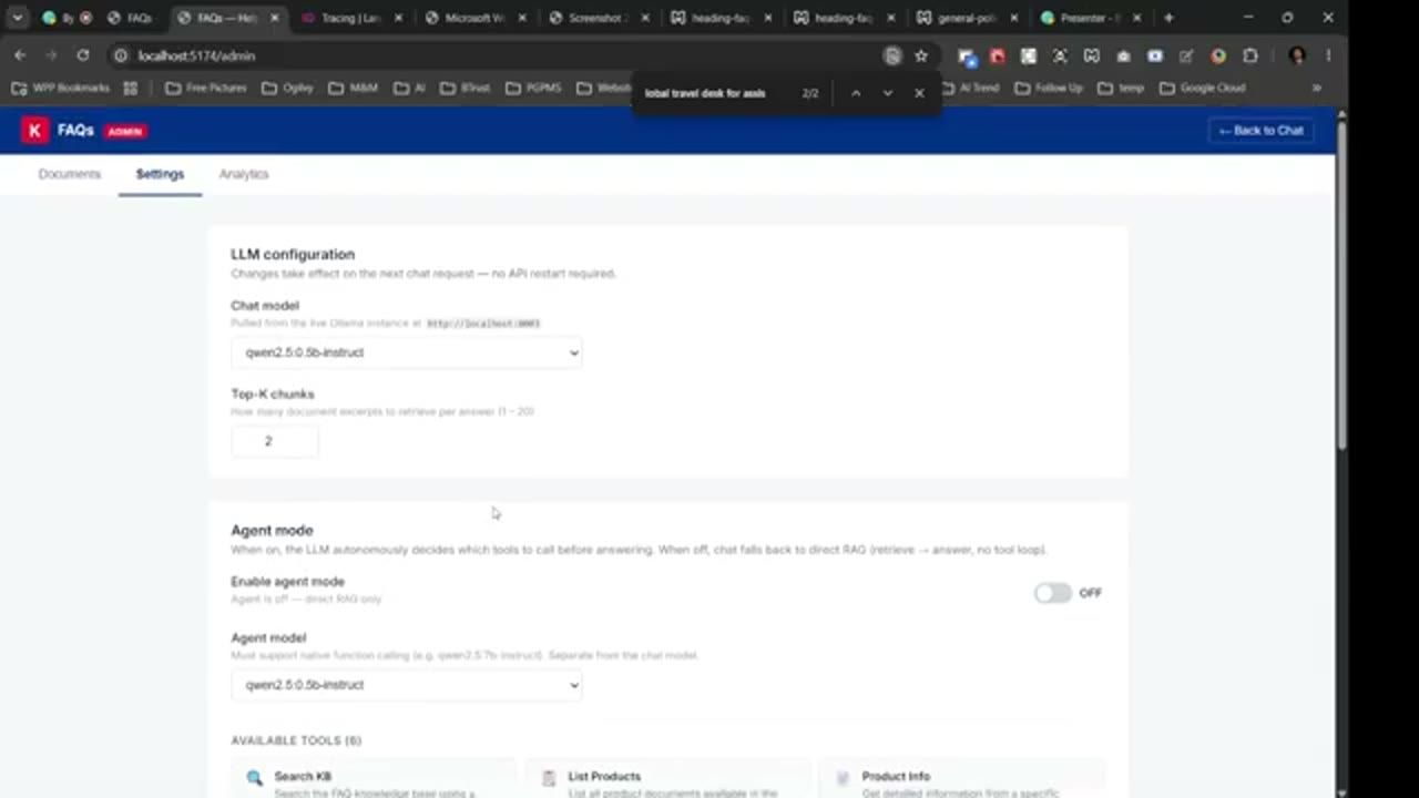 Tab Settings của trang admin: LLM configuration, Top-K chunks, Agent mode đang tắt