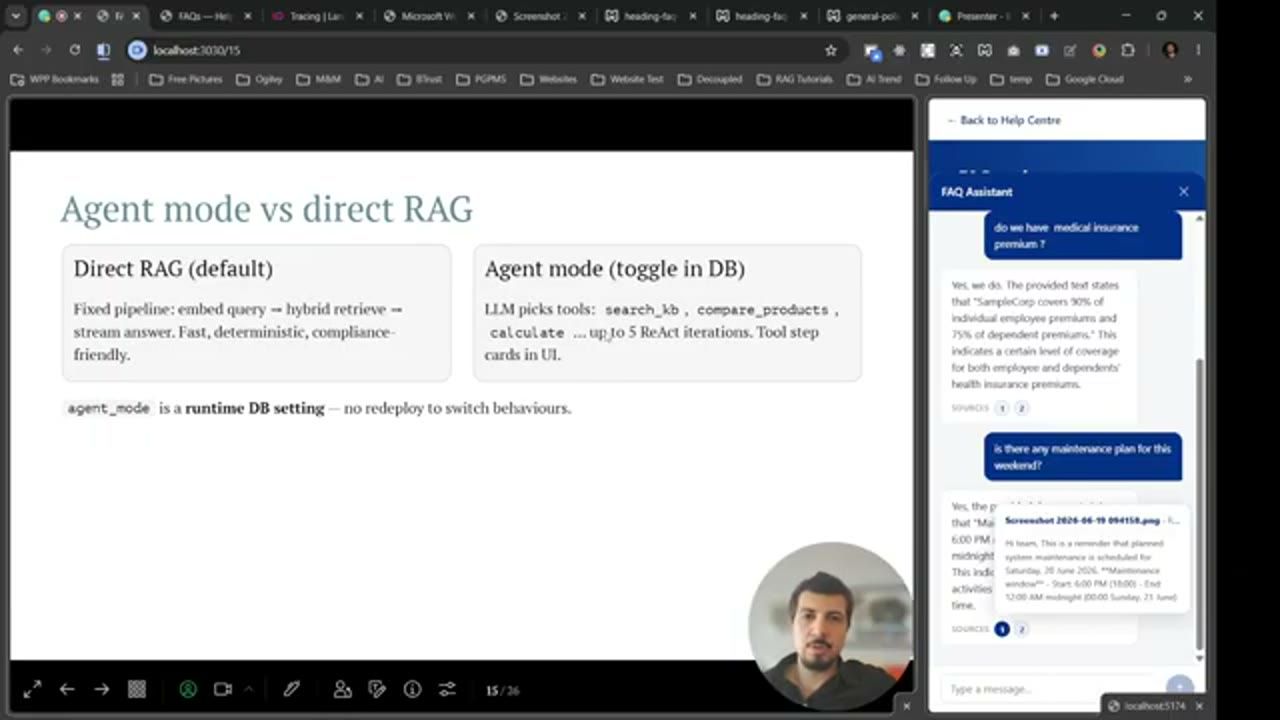 Slide Agent mode vs direct RAG với hai ô so sánh