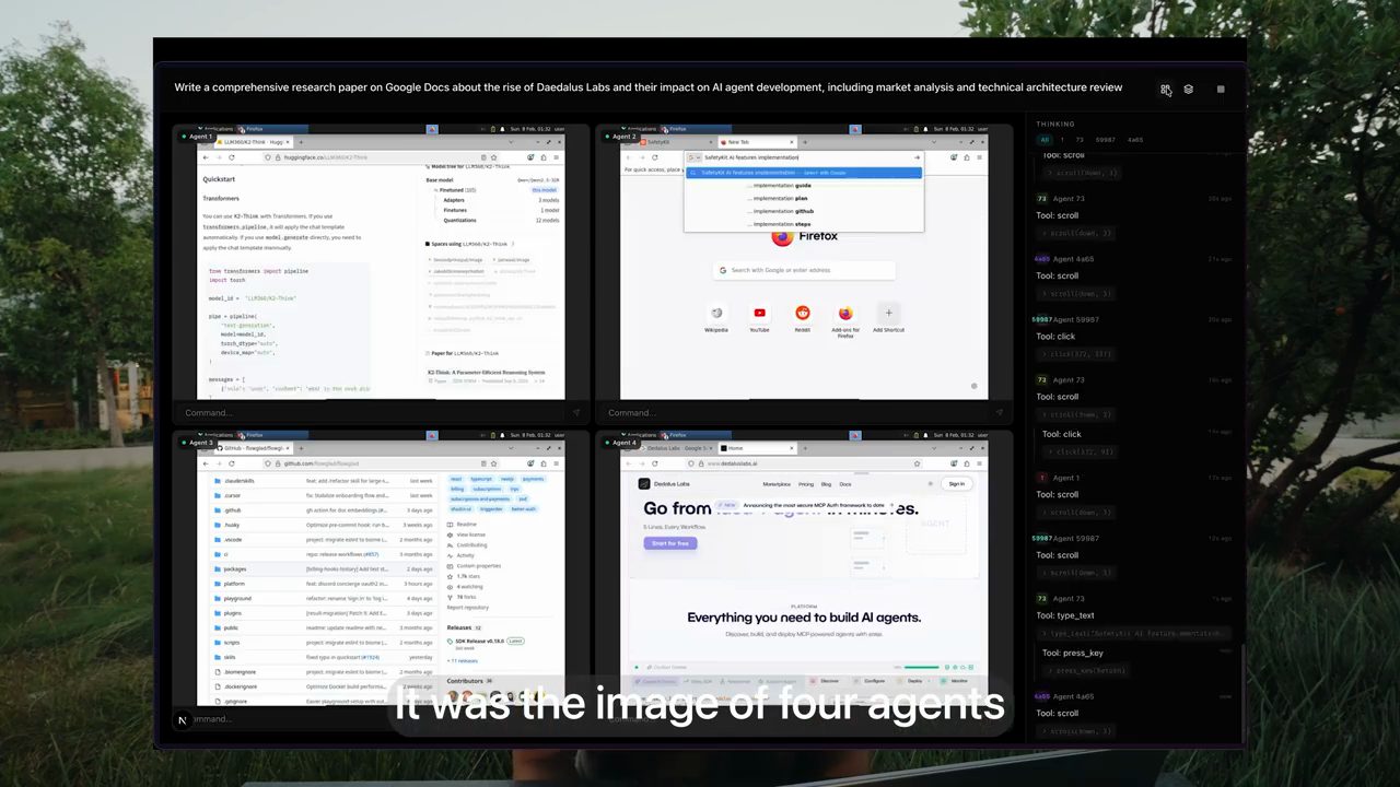 Bốn màn hình desktop của bốn agent chạy song song, mỗi màn hình mở một trình duyệt, cột phải là log các thao tác