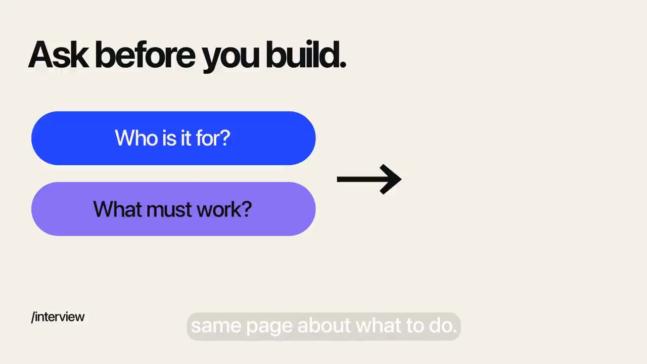 Slide Ask before you build với hai câu hỏi Who is it for và What must work, nhãn /interview