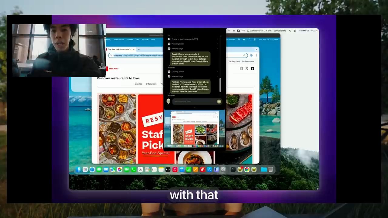 Một live demo: agent điều khiển máy tính, mở bài Resy về nhà hàng New York, khung chat bên cạnh, góc trái là webcam của Johnathan