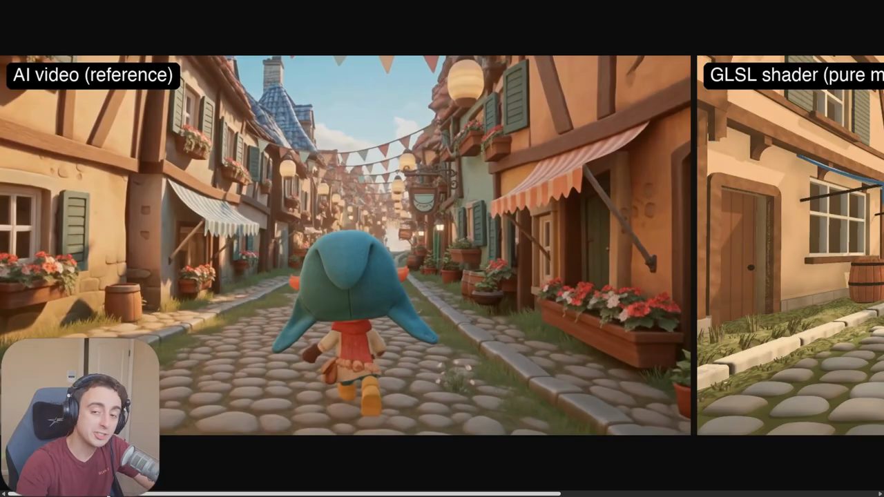 Bên trái: video AI làm tham chiếu; bên phải: shader GLSL làm hoàn toàn bằng toán