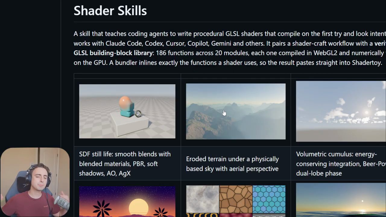 README của repo Shader Skills trên GitHub với các ảnh mẫu SDF, địa hình, mây