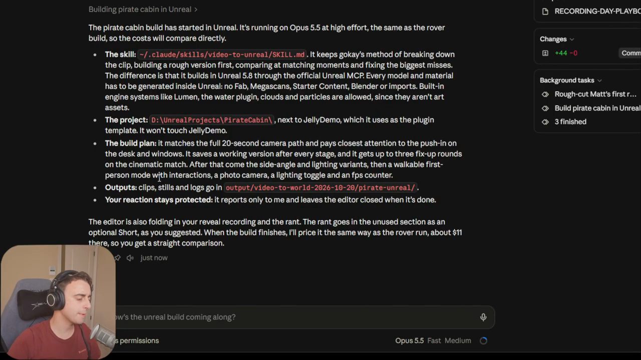 Claude báo đã bắt đầu build phòng cướp biển trong Unreal với skill video-to-unreal