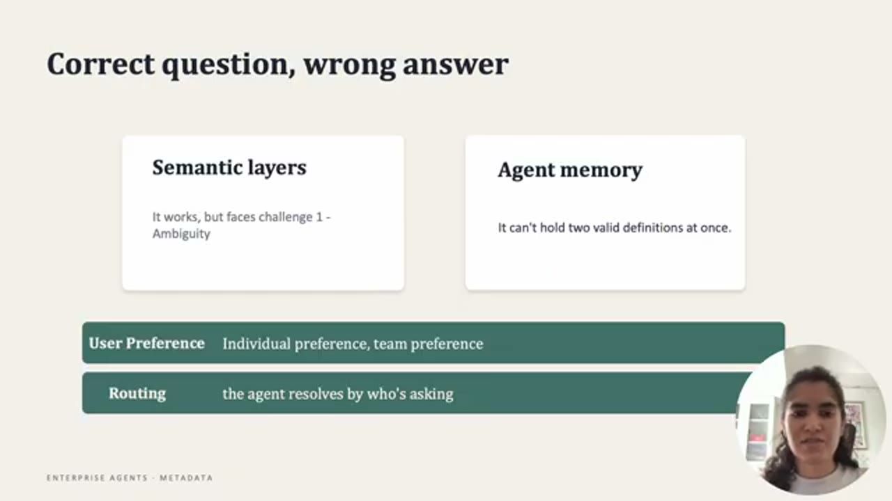 Slide Correct question, wrong answer với hai thẻ Semantic layers và Agent memory, cùng hai dải User Preference và Routing