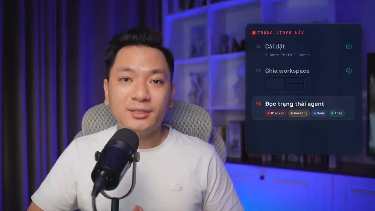 Tùng Nguyễn ngồi trước micro, bên cạnh là khung nội dung video: cài đặt, chia workspace, đọc trạng thái agent