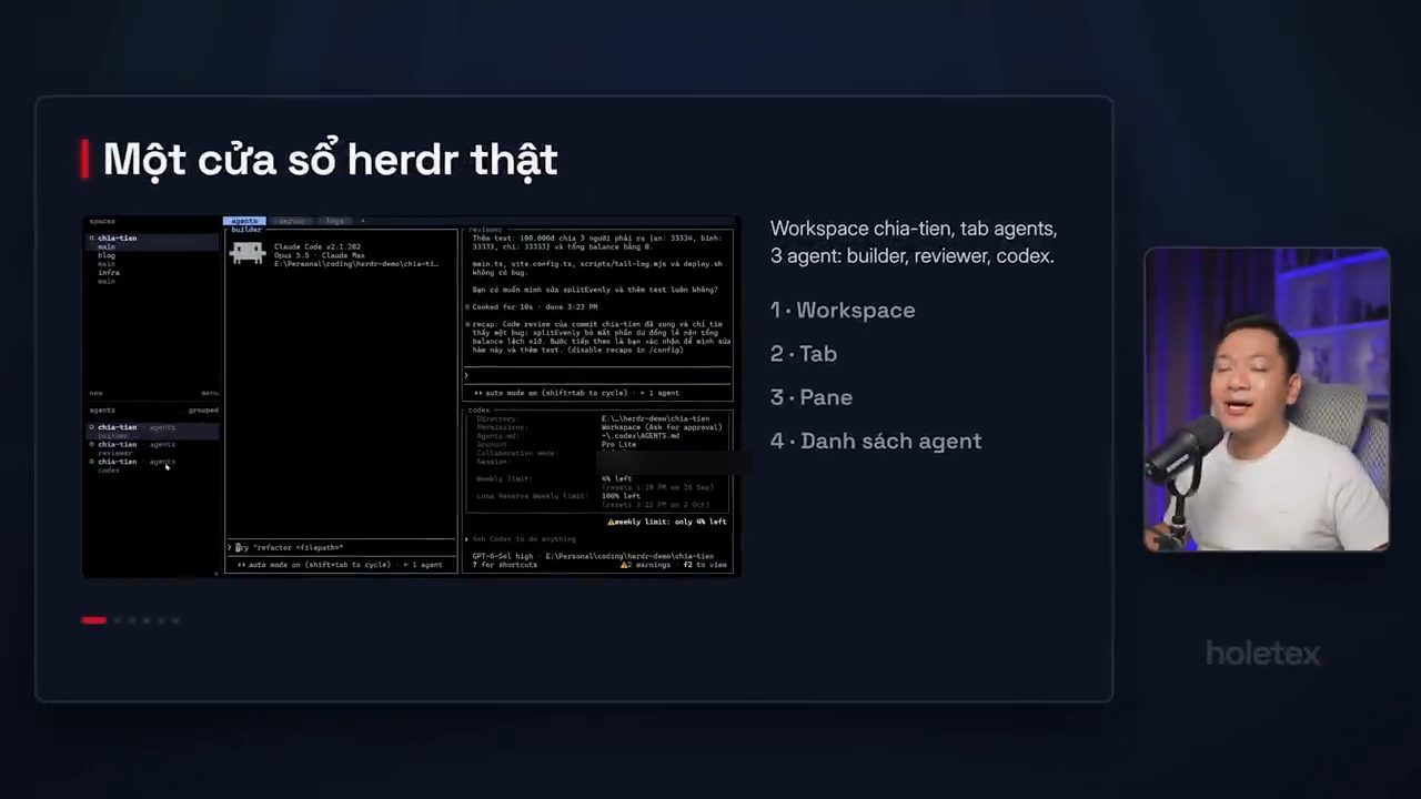 Slide Một cửa sổ herdr thật: workspace chia-tien, tab agents, ba agent builder, reviewer, codex