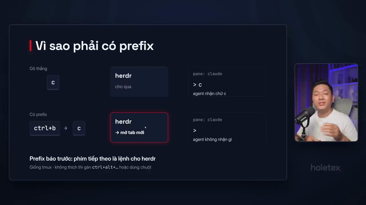 Slide Vì sao phải có prefix: gõ thẳng chữ c thì agent nhận, có prefix Ctrl+B rồi c thì herdr mở tab mới