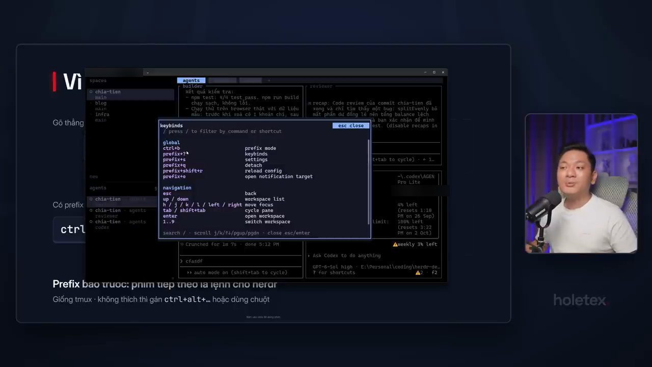 Bảng keybinds của Herdr mở trên cửa sổ chia-tien