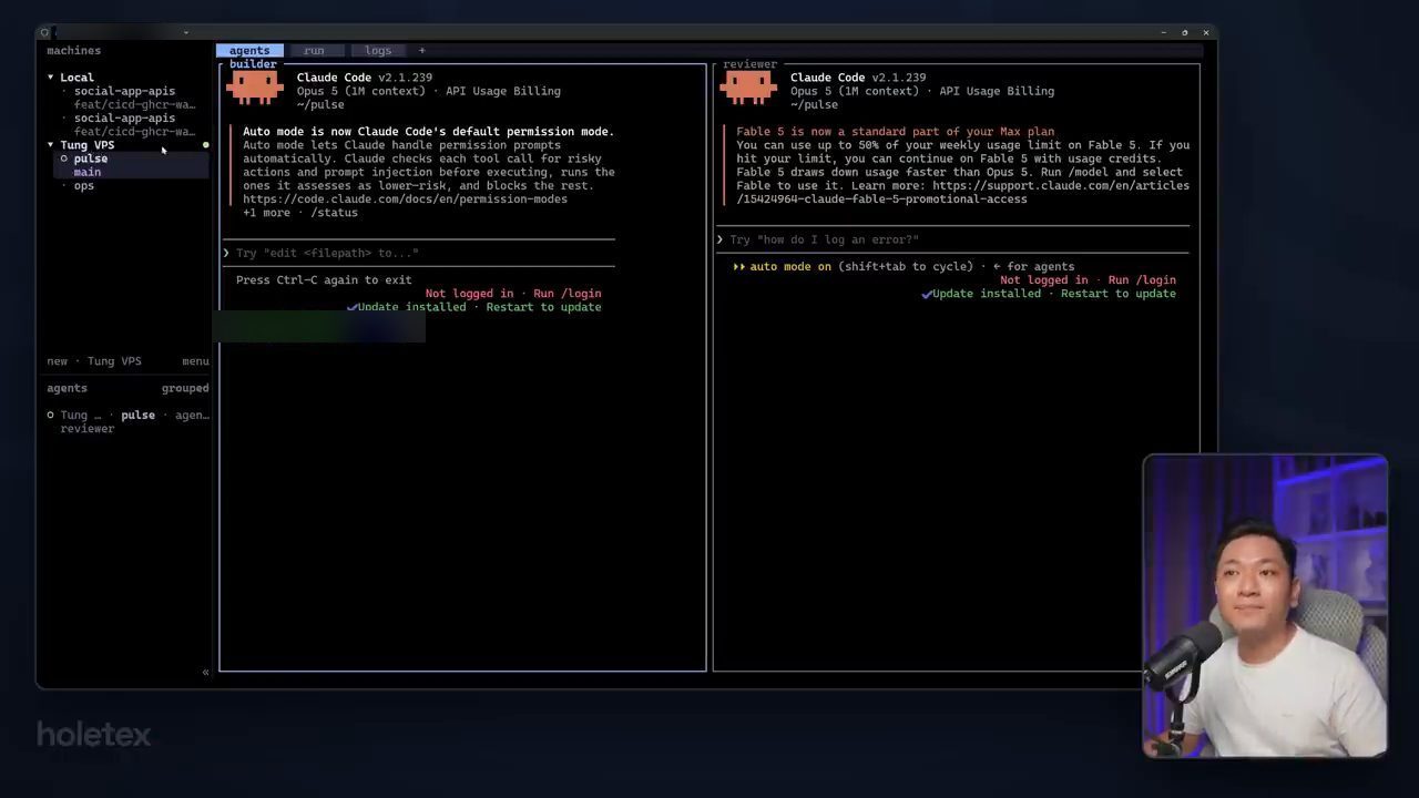 Herdr với sidebar machines gồm Local và Tung VPS, VPS đang mở workspace pulse