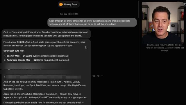 Cuộc trò chuyện với bot Money Saver liệt kê các subscription có thể cắt giảm