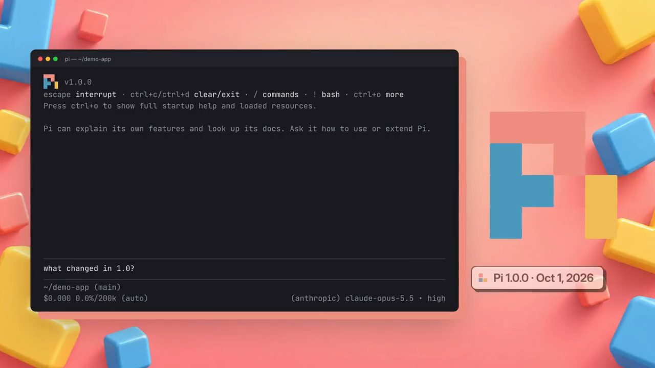 Terminal Pi v1.0.0 trong thư mục demo-app với câu hỏi what changed in 1.0?, bên cạnh logo Pi và nhãn Pi 1.0.0 Oct 1, 2026